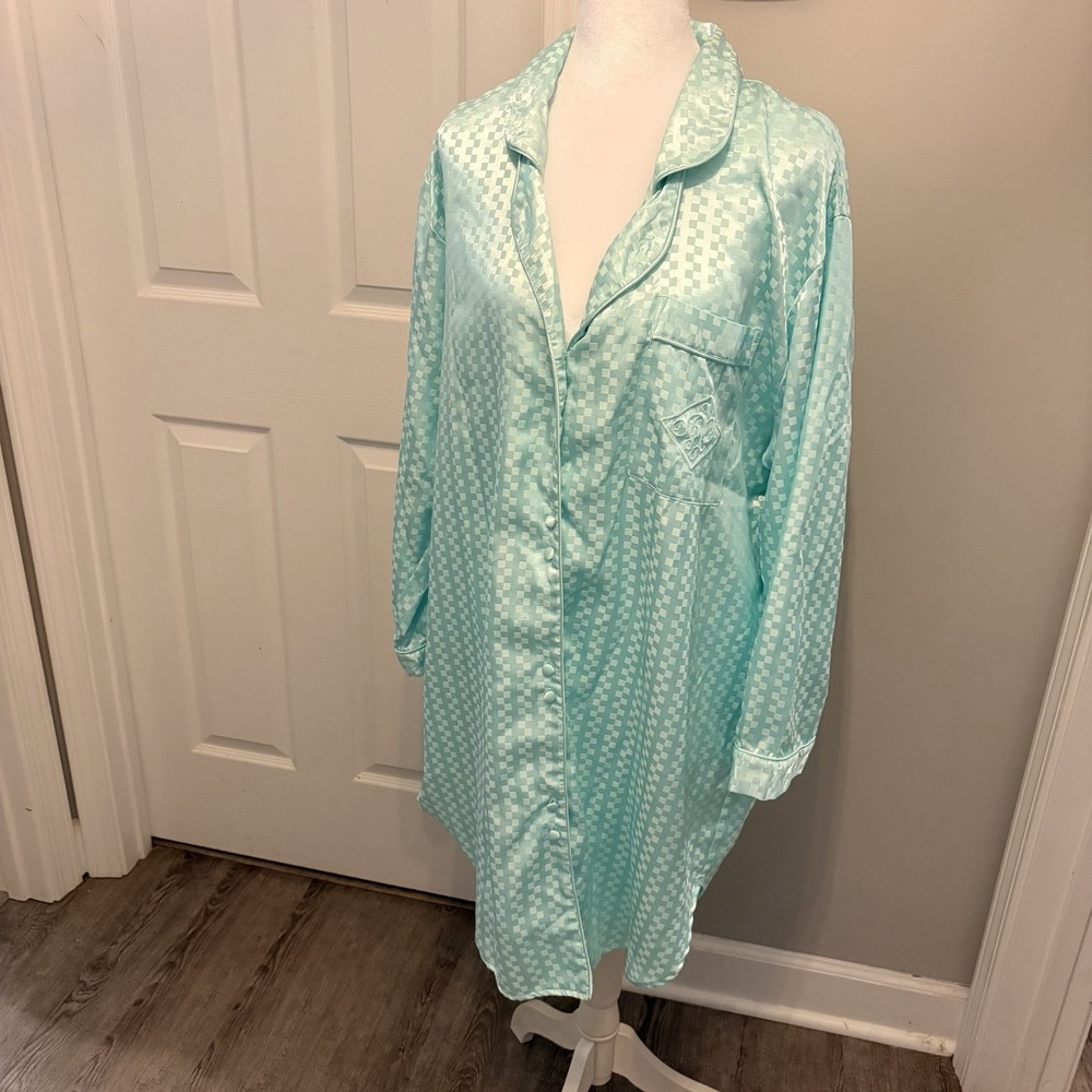 VTG 80s Intimate Moods Mint Greenโ Satin Sleep Shirt Checkerboard L Retro Cozy